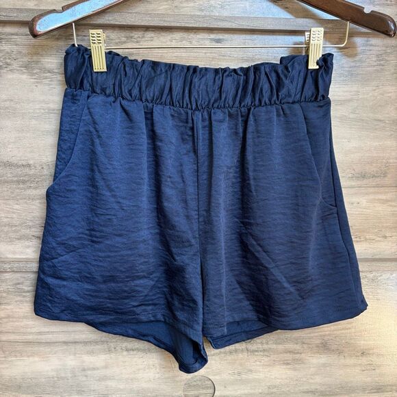 Tyche Pants - Tyche Navy Blue Textured Satin Dress Shorts M Romantic Feminine Preppy Evening